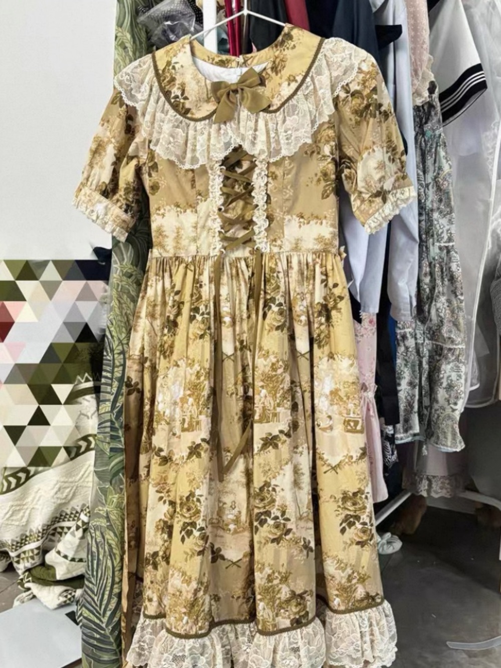 Girls' Gold Floral Lace-Trim Formal Dress with Ribbon Front